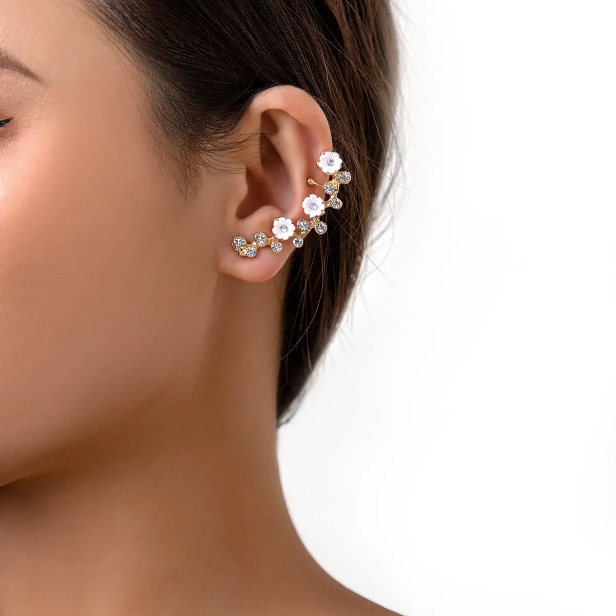 Chic CZ Inlaid Flower Ear Cuff Climber Crawler Wrap Stud Earring