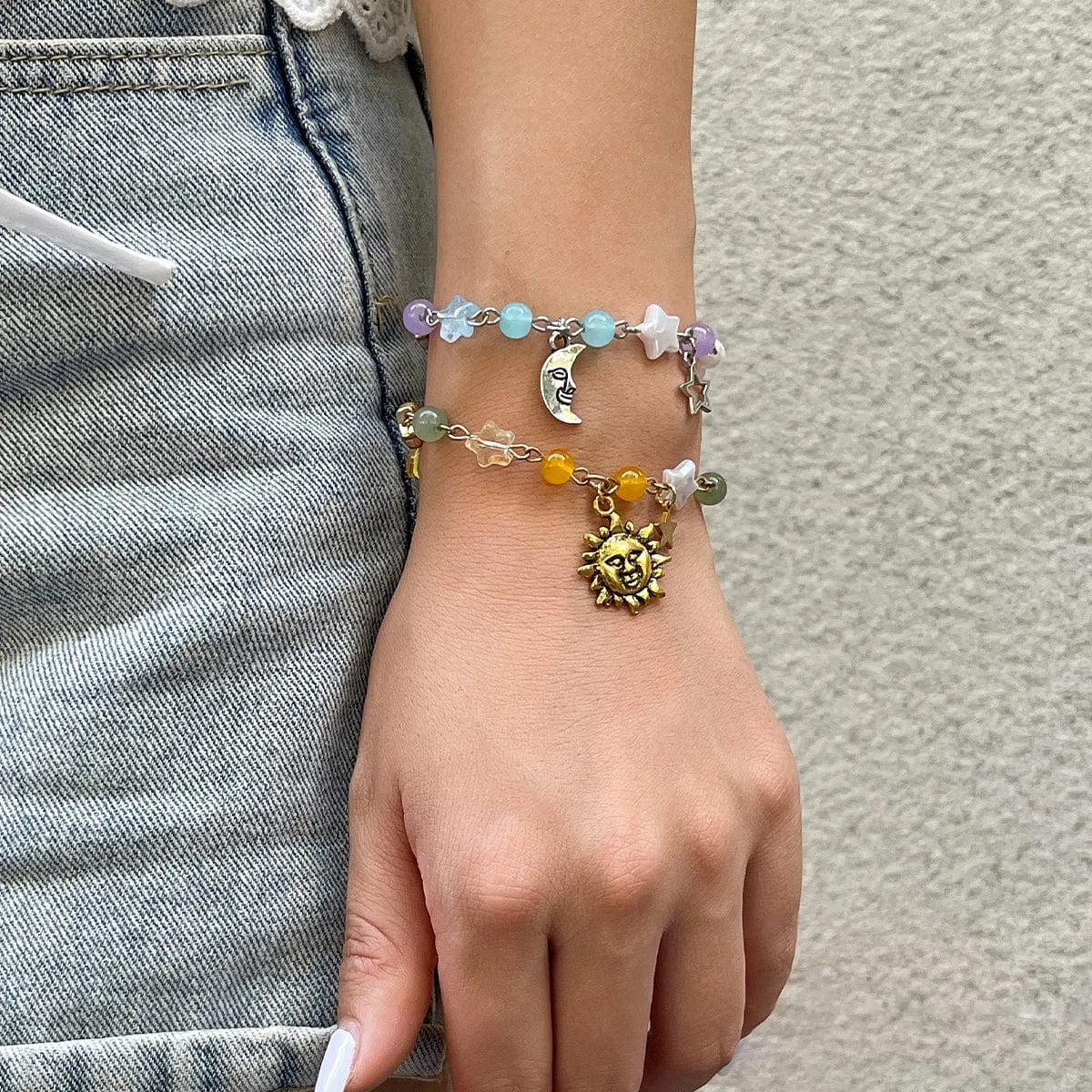 Chic Sun Moon Charm Pearl Crystal Chain Matching Bracelet Set