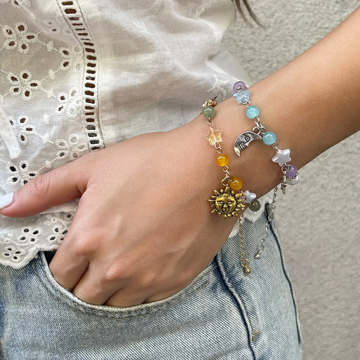 Chic Sun Moon Charm Pearl Crystal Chain Matching Bracelet Set