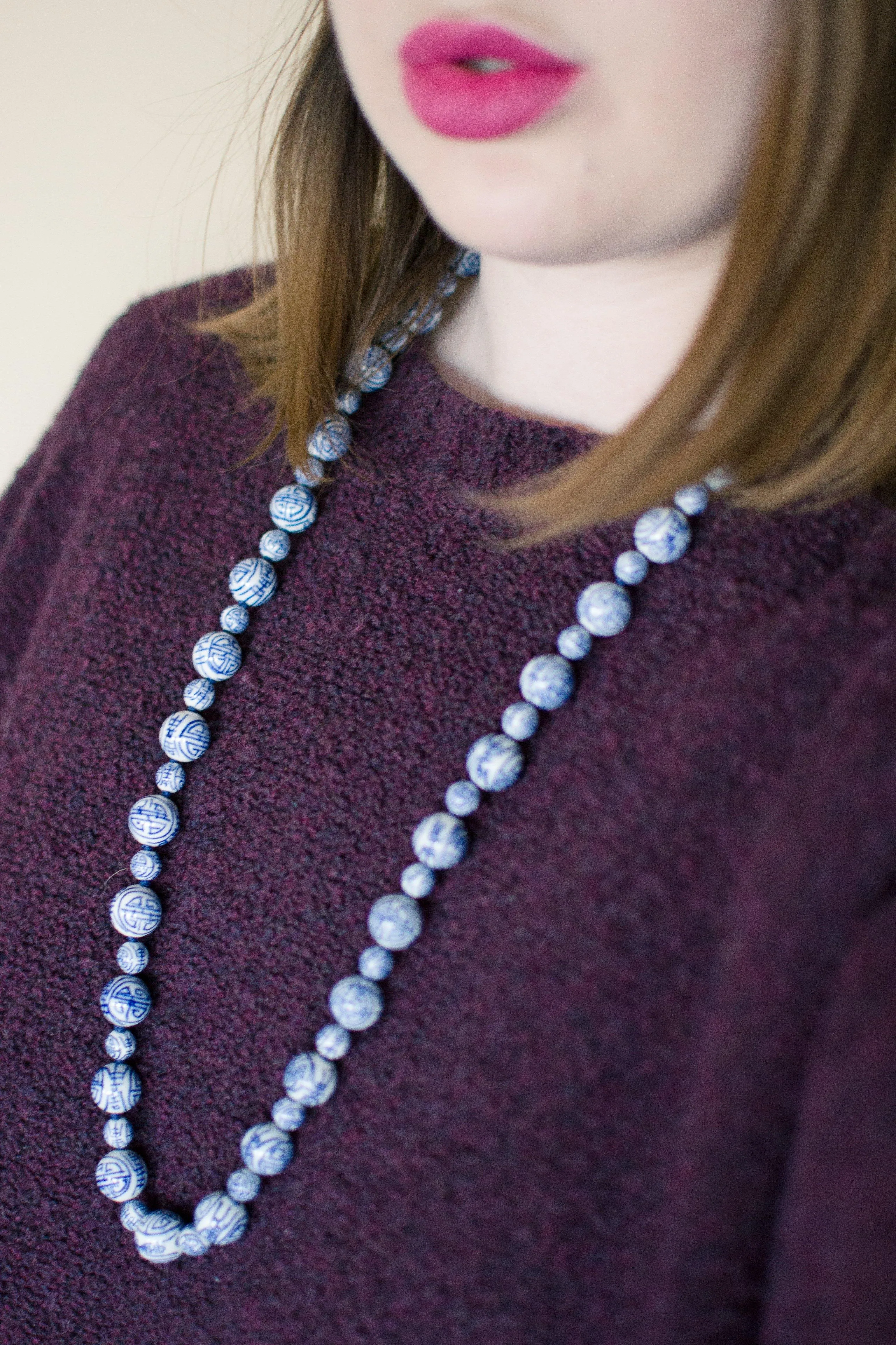 Chinese Export Blue and White Porcelain Bead Necklace