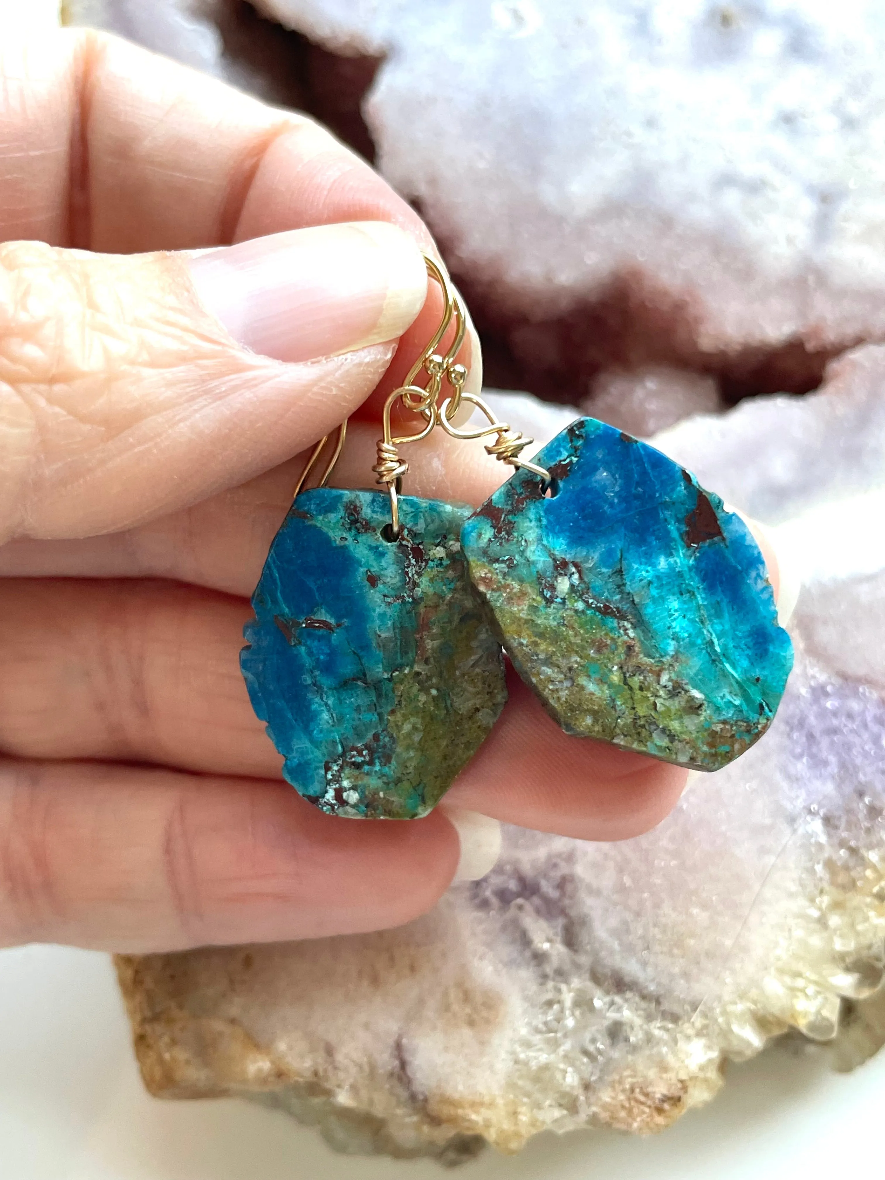 Chrysocolla Gold Filled Statement Crystal Gemstone Earrings
