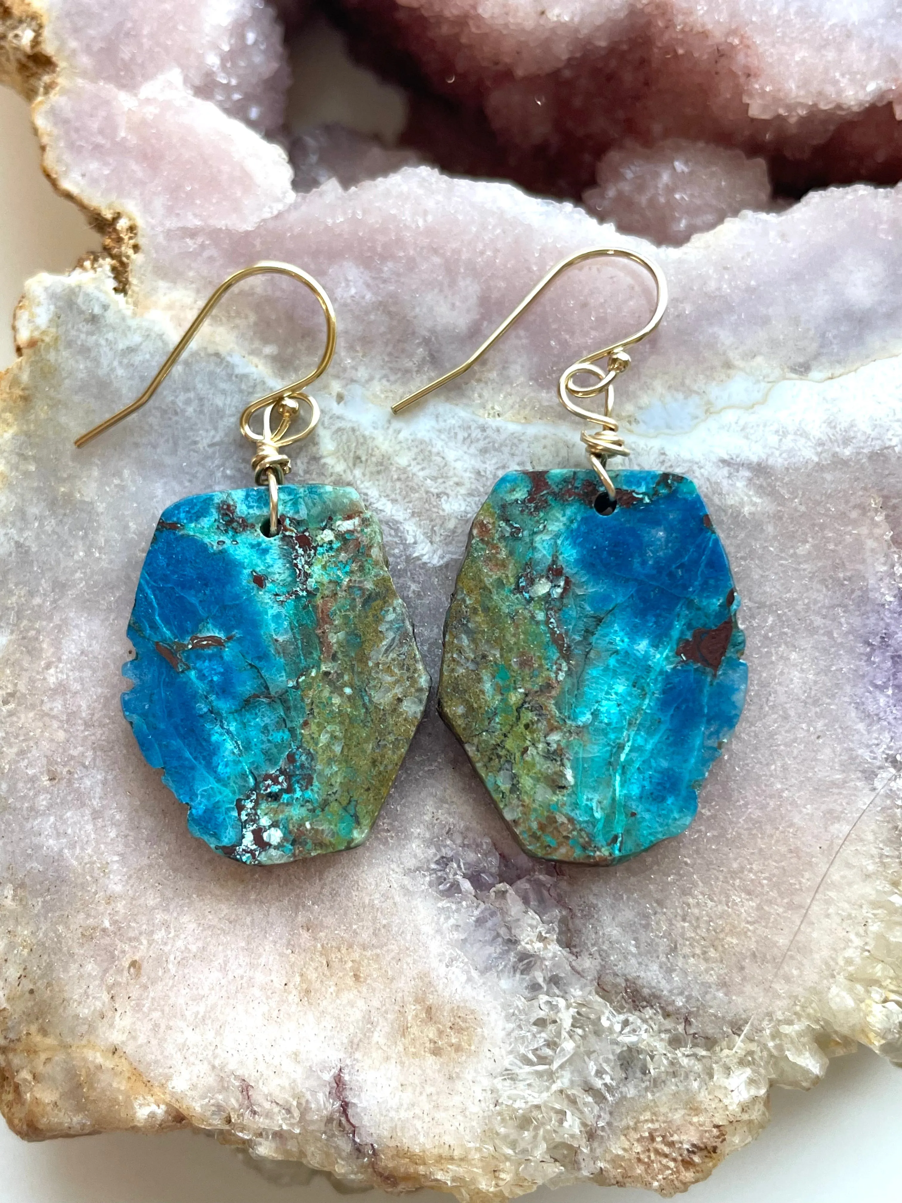 Chrysocolla Gold Filled Statement Crystal Gemstone Earrings