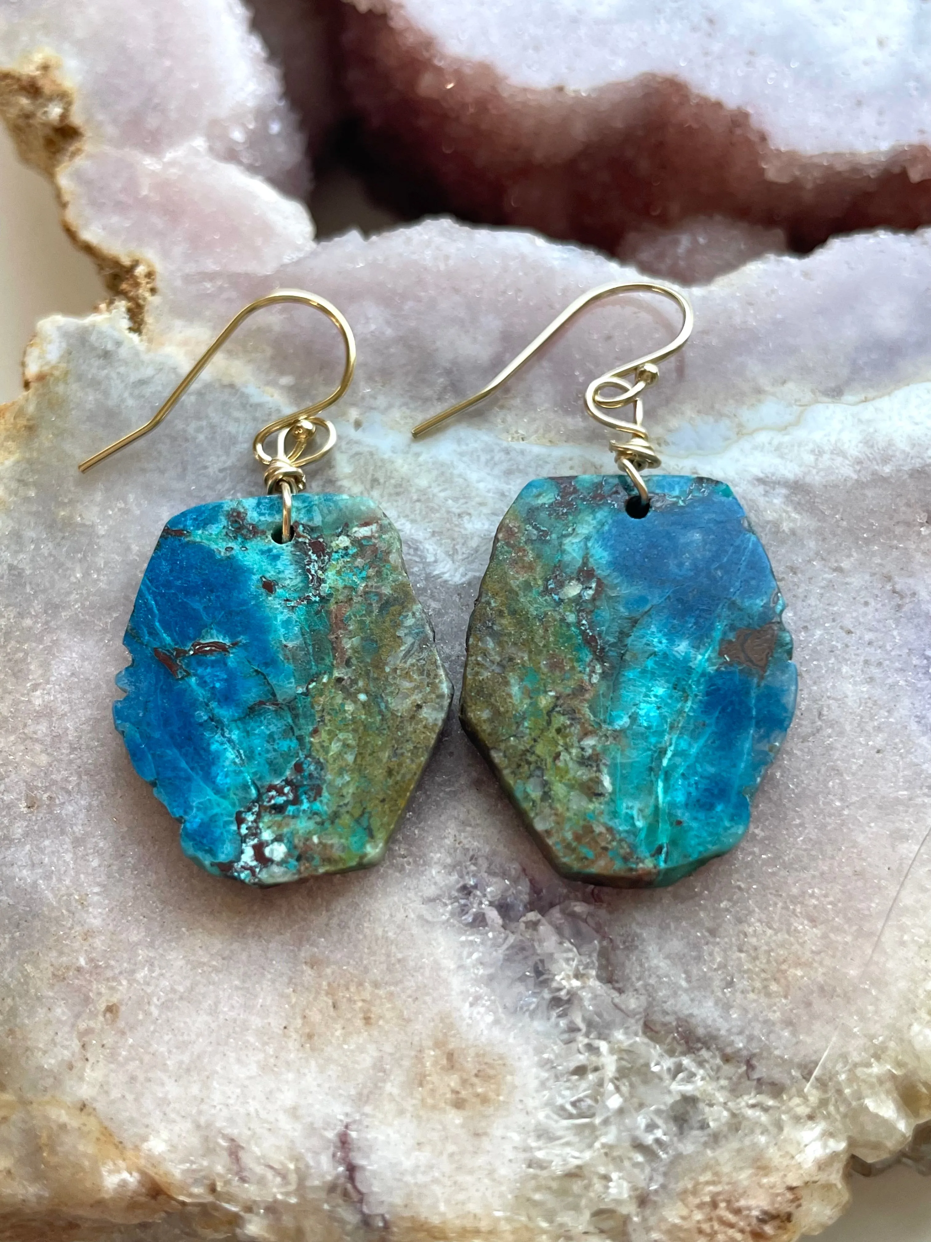 Chrysocolla Gold Filled Statement Crystal Gemstone Earrings