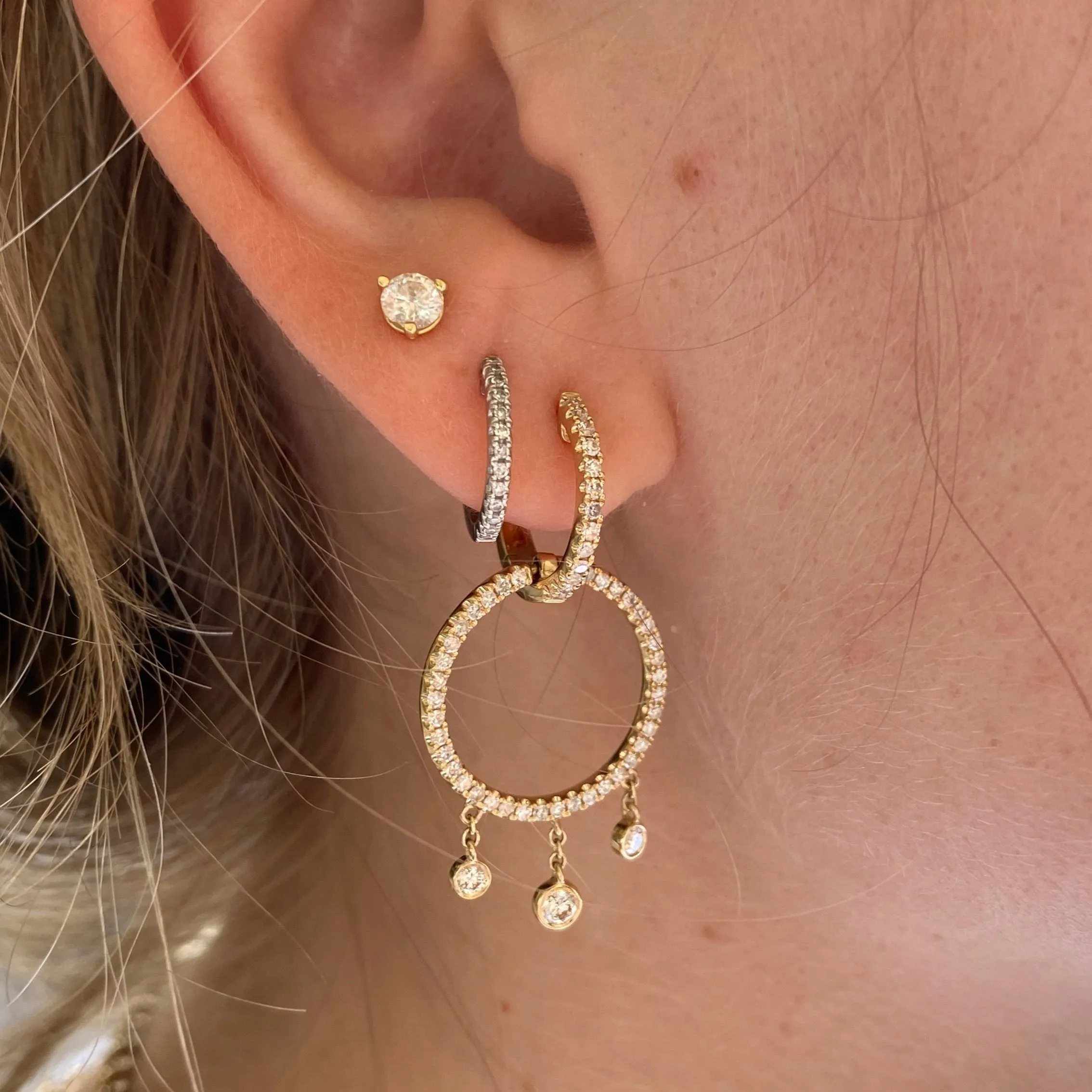 Circle Diamond Huggie Drop Earrings