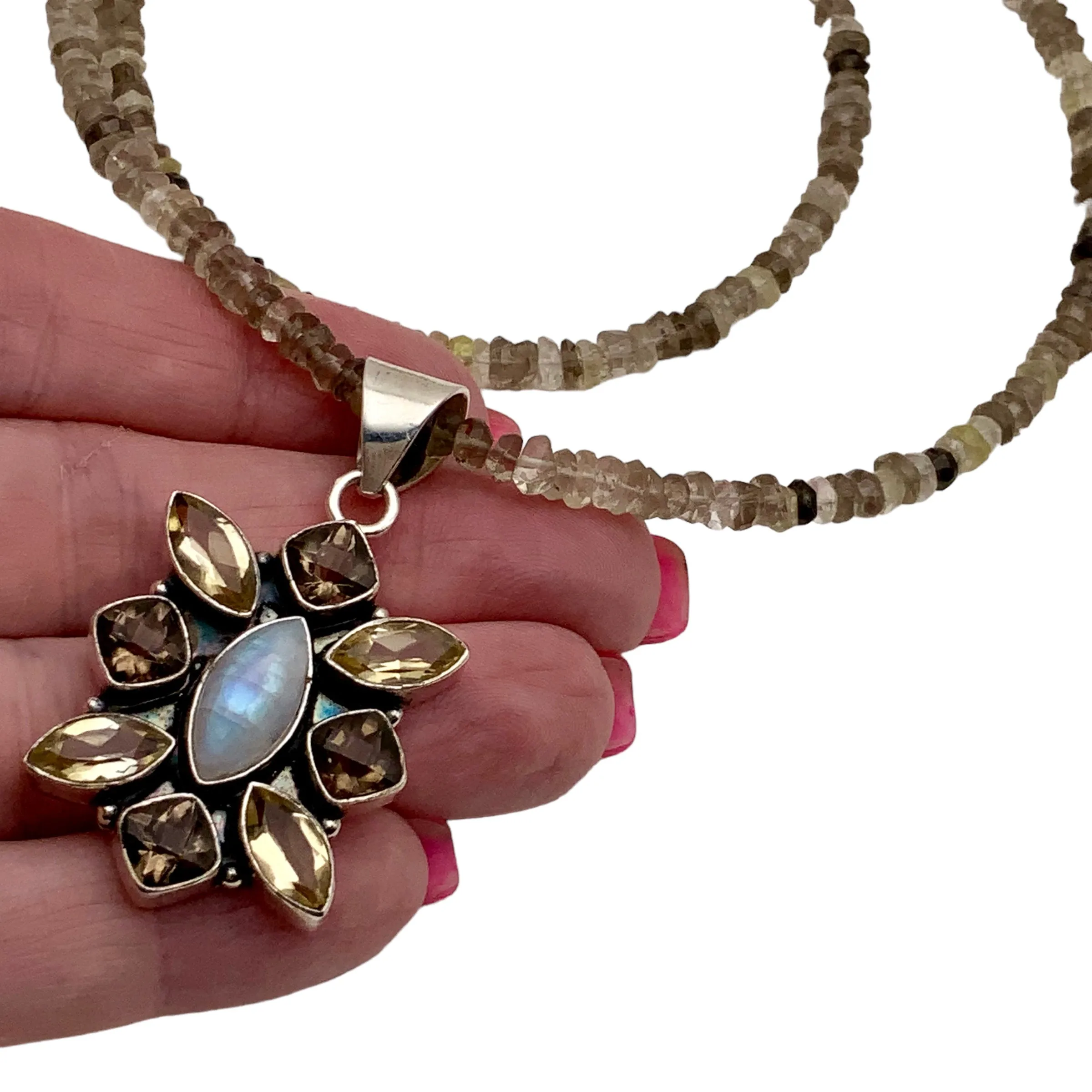 Citrine & Smoky Topaz Solid 925 Sterling Silver Pendant Beaded Necklace