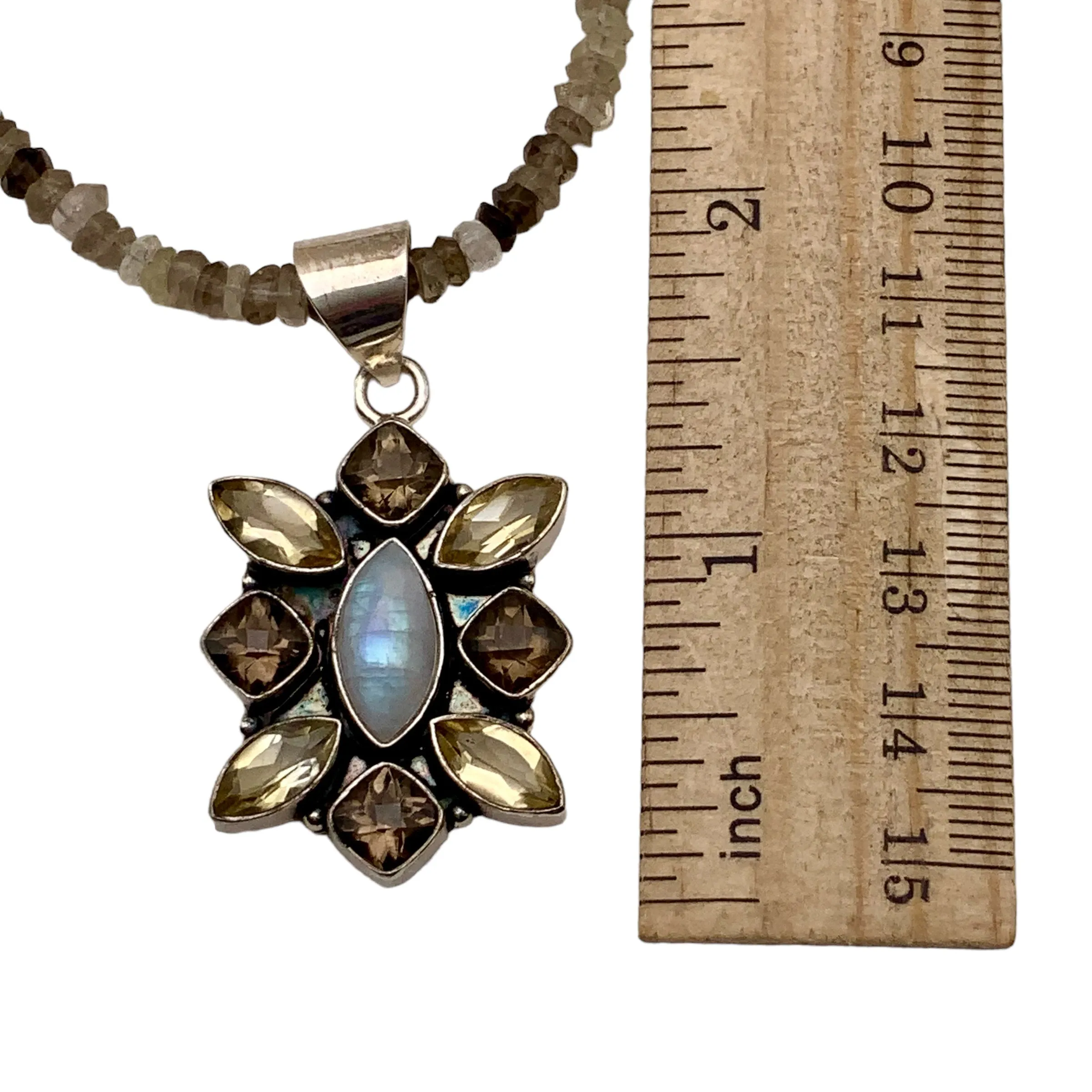 Citrine & Smoky Topaz Solid 925 Sterling Silver Pendant Beaded Necklace