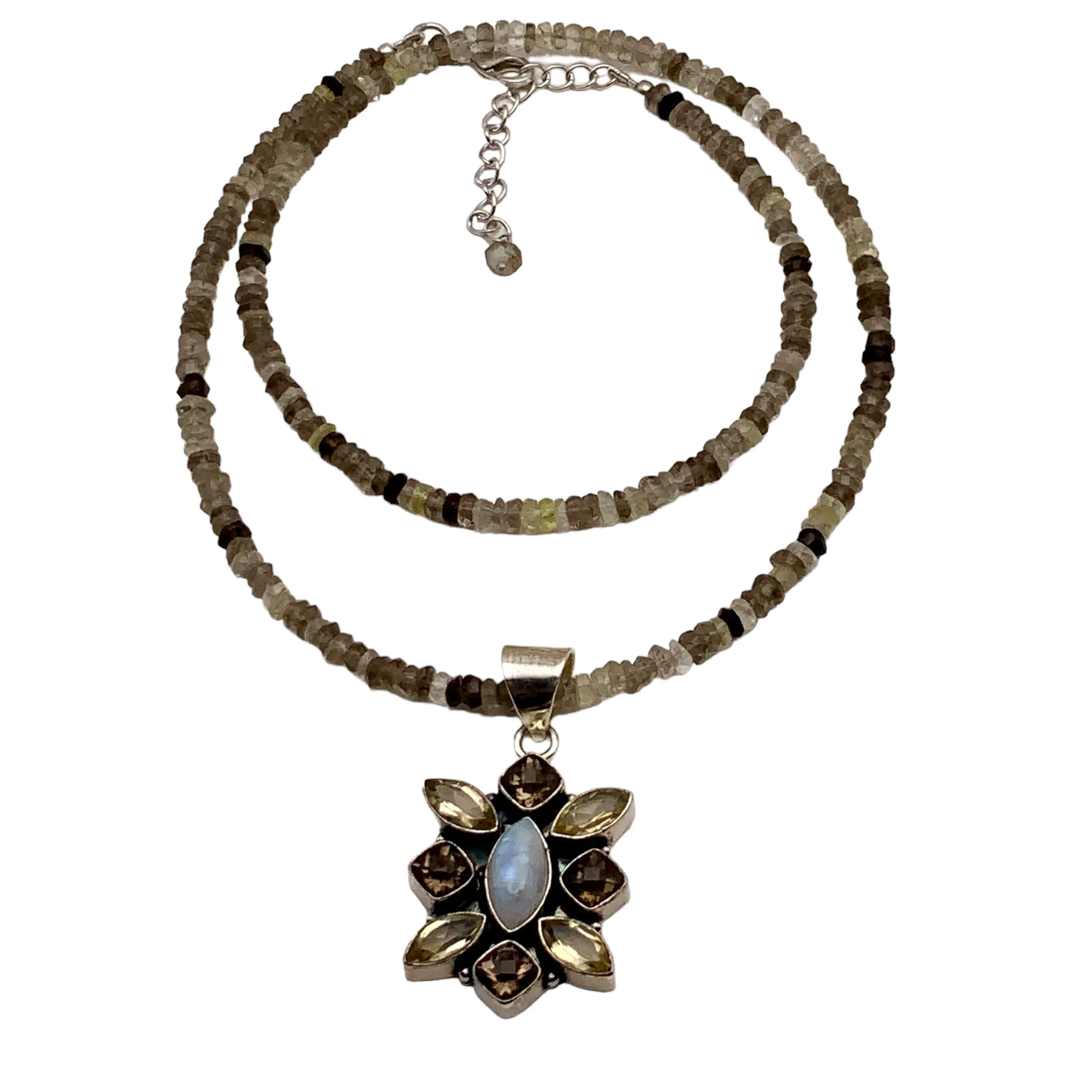 Citrine & Smoky Topaz Solid 925 Sterling Silver Pendant Beaded Necklace