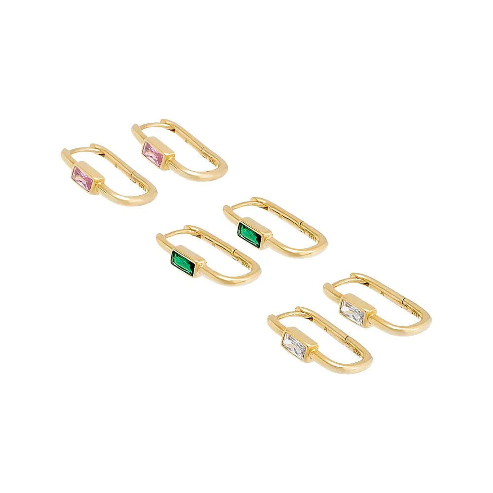 Colored Bezel Baguette Oval Huggie Earring