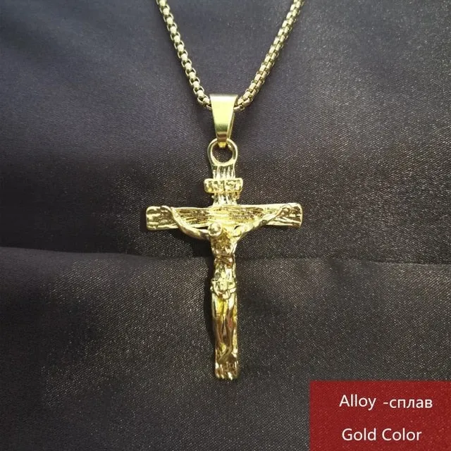 Crucifix Jesus Christ Men Jewelry Gold Color Stainless Steel Cross Pendant With Neck Chain Necklaces For Man Dropshipping XL1028