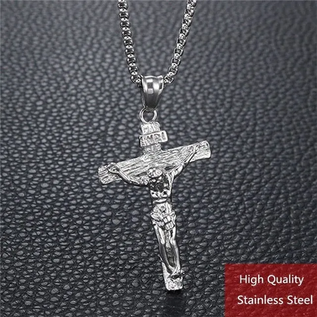 Crucifix Jesus Christ Men Jewelry Gold Color Stainless Steel Cross Pendant With Neck Chain Necklaces For Man Dropshipping XL1028