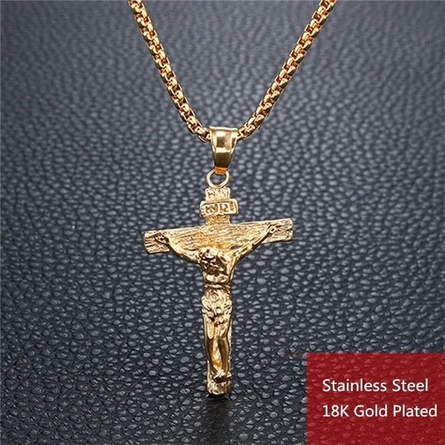 Crucifix Jesus Christ Men Jewelry Gold Color Stainless Steel Cross Pendant With Neck Chain Necklaces For Man Dropshipping XL1028