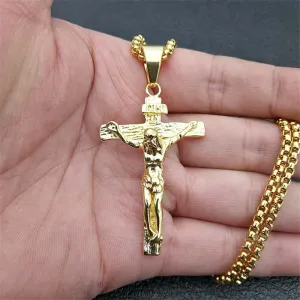 Crucifix Jesus Christ Men Jewelry Gold Color Stainless Steel Cross Pendant With Neck Chain Necklaces For Man Dropshipping XL1028