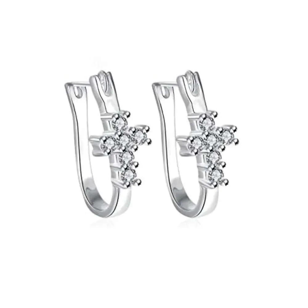 Cubic Zirconia  Cross Huggie Earrings