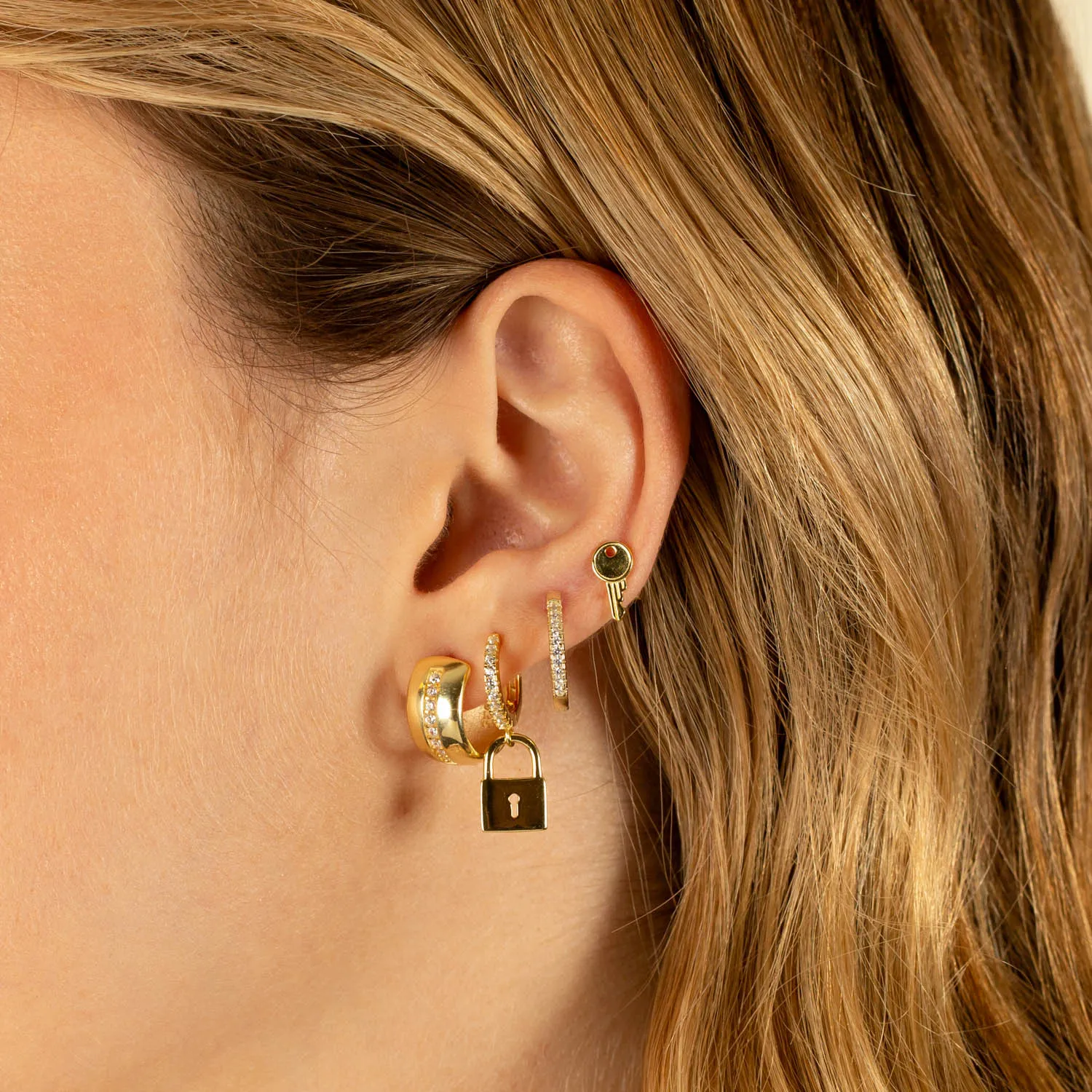 CZ X Solid Wide Huggie Earring
