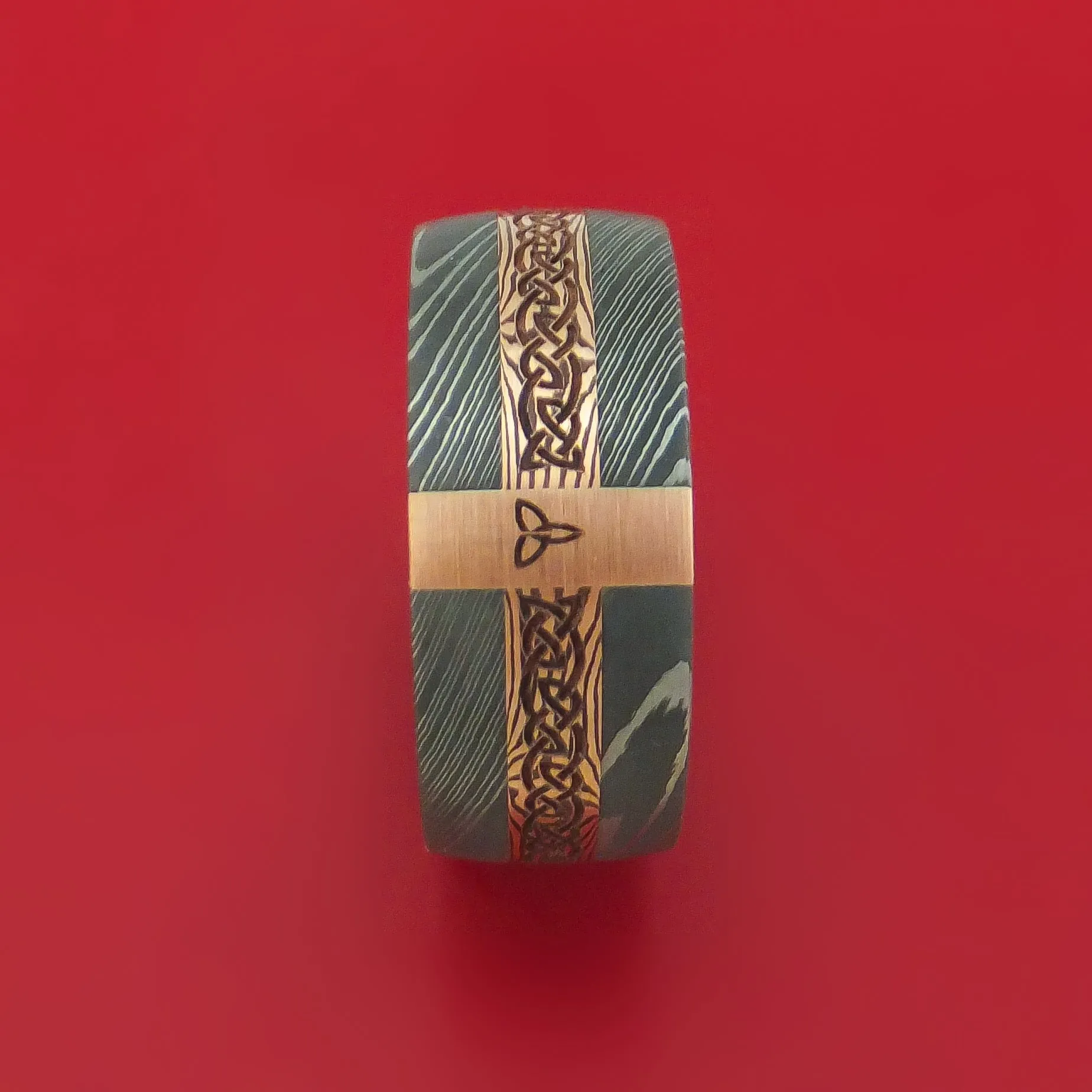 Damascus Steel Celtic Ring with 14K Rose Gold and Mokume Shakudo Custom Made