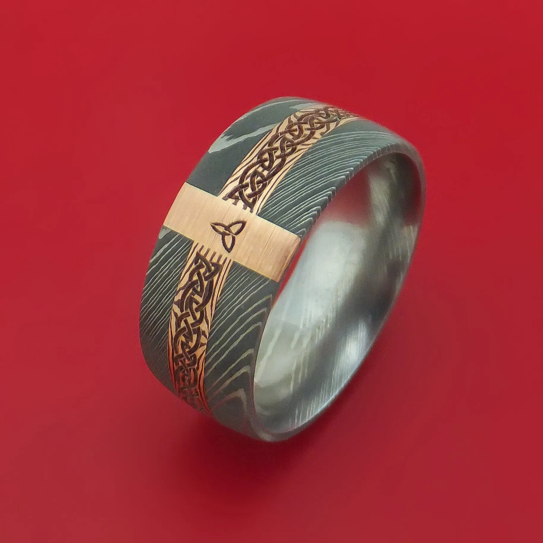 Damascus Steel Celtic Ring with 14K Rose Gold and Mokume Shakudo Custom Made