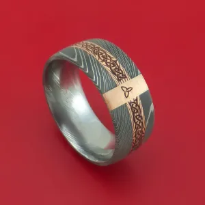 Damascus Steel Celtic Ring with 14K Rose Gold and Mokume Shakudo Custom Made