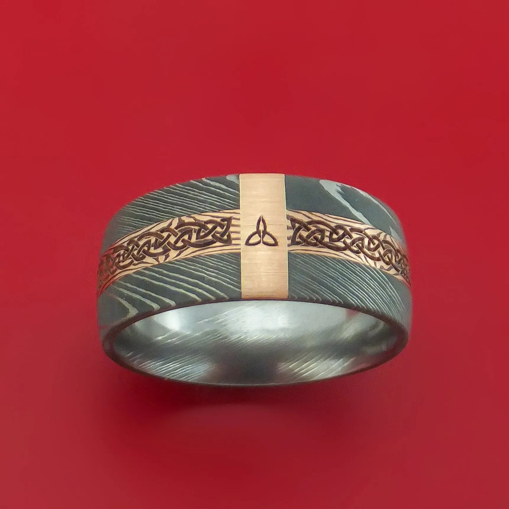 Damascus Steel Celtic Ring with 14K Rose Gold and Mokume Shakudo Custom Made