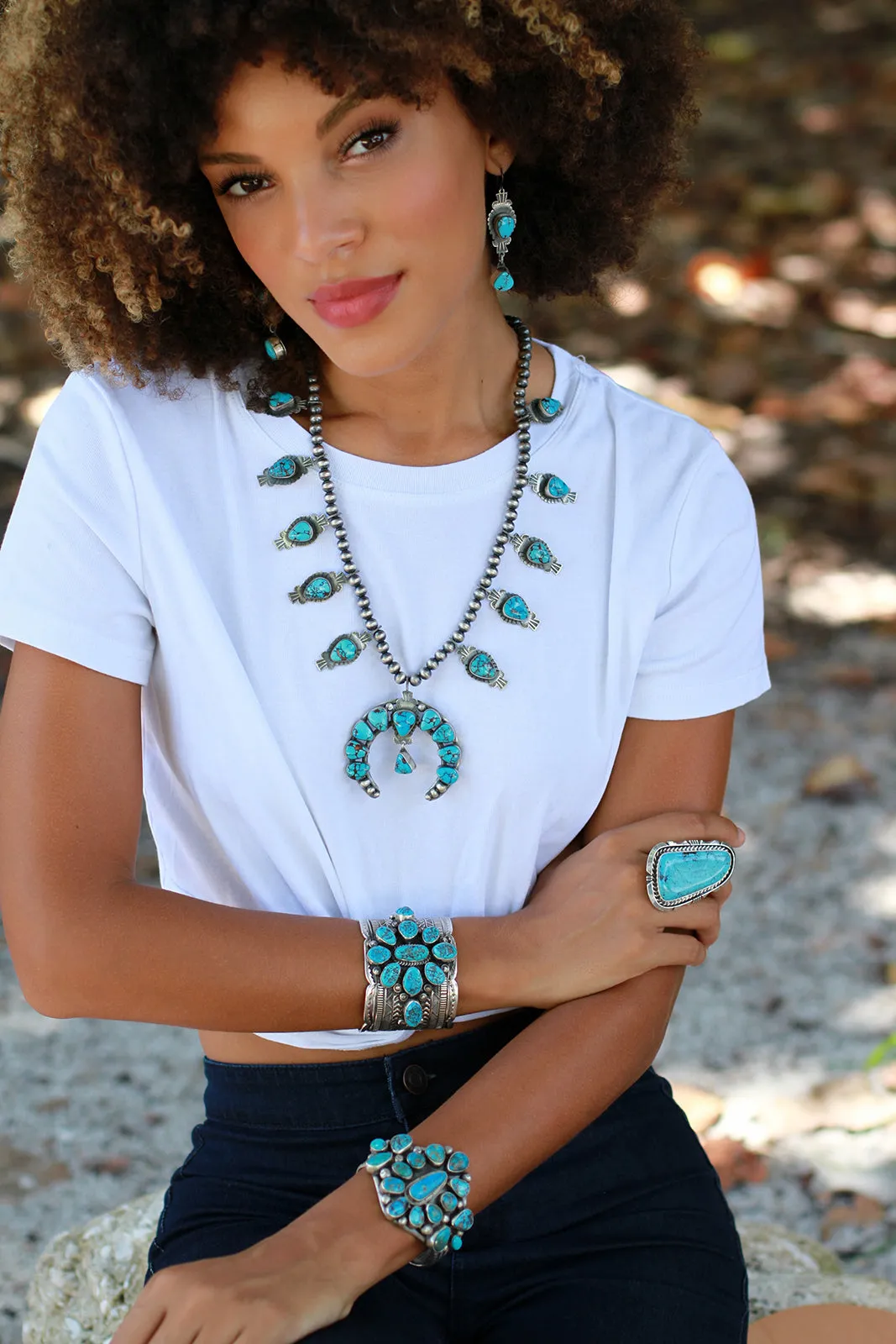 Danny Clark Egyptian Turquoise Thunderbird Squash Blossom Necklace (Set)