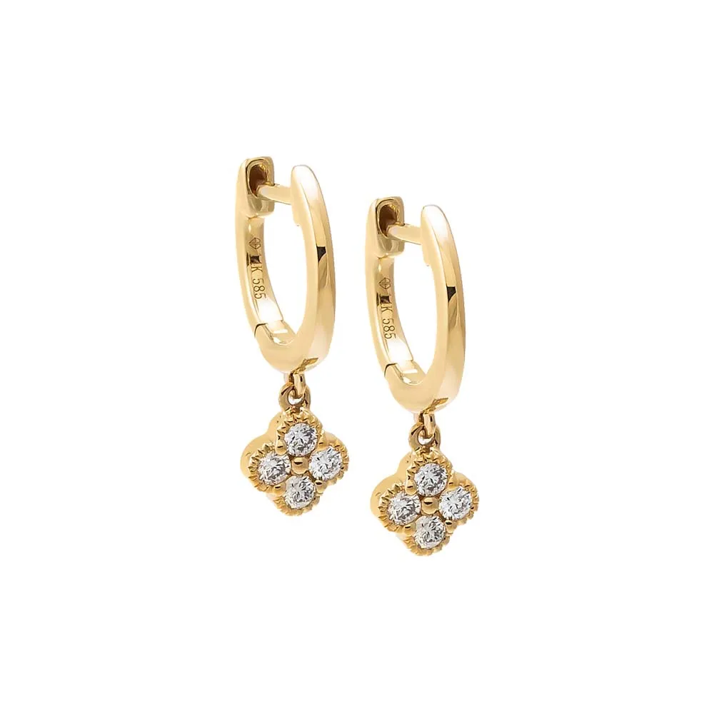 Diamond Four Leaf Clover Dangling Huggie Earring 14K