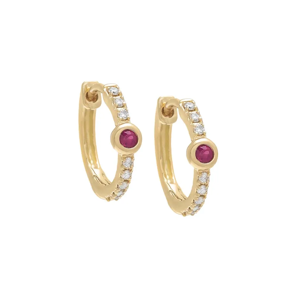 Diamond Gemstone Bezel Huggie Earring 14K