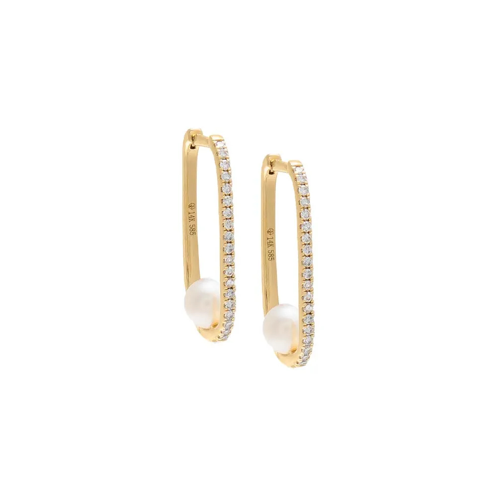 Diamond Oval Pavé Pearl Huggie Earring 14K