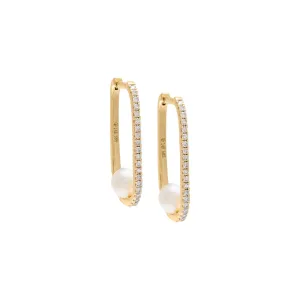 Diamond Oval Pavé Pearl Huggie Earring 14K