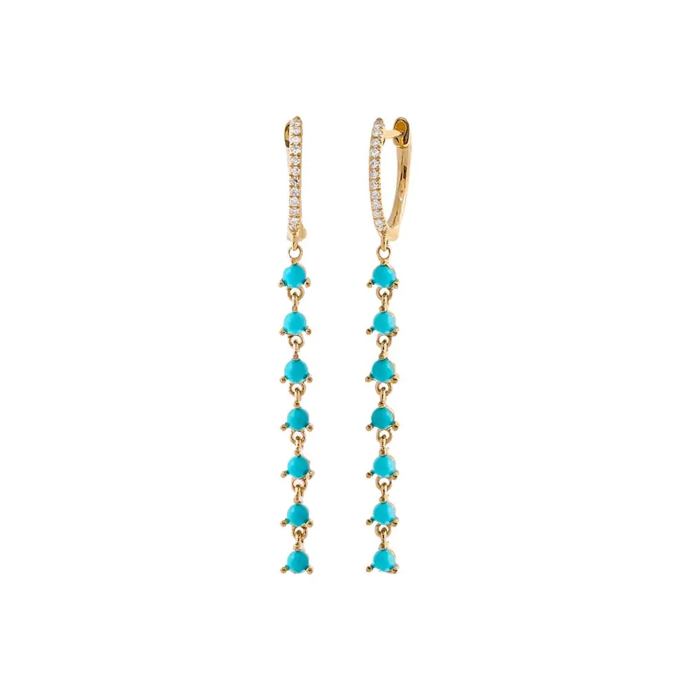 Diamond Pave X Turquoise Dangling Tennis Huggie Earring 14K