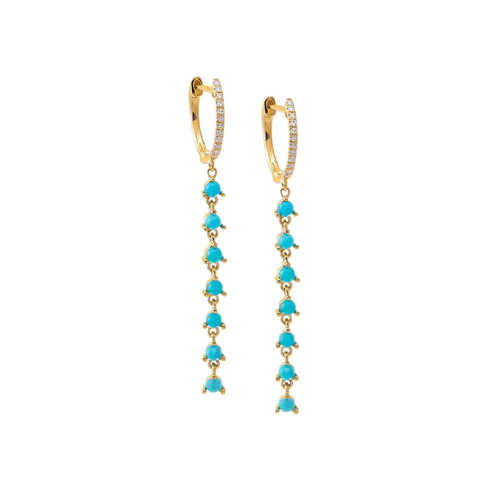 Diamond Pave X Turquoise Dangling Tennis Huggie Earring 14K