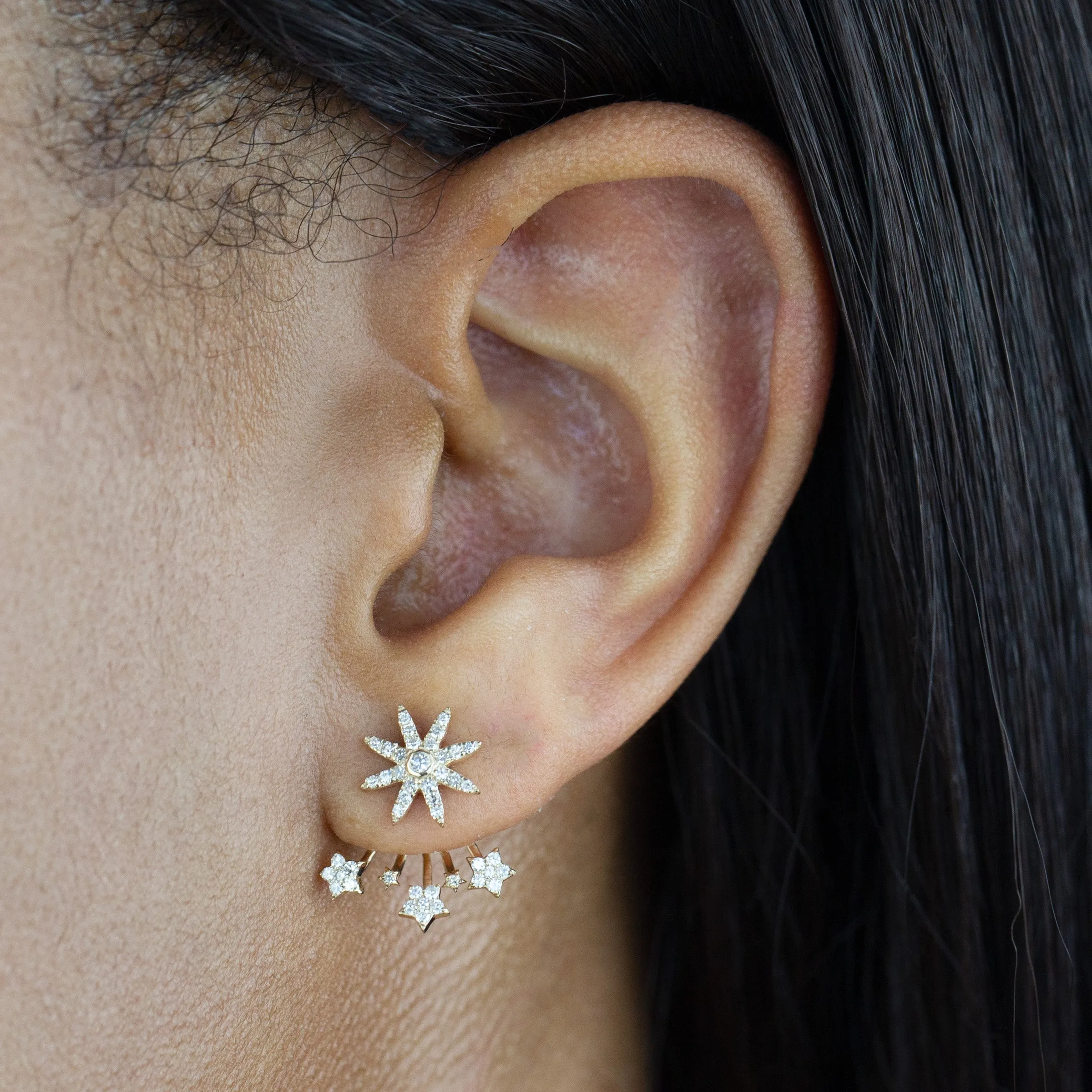 Diamond Starburst Ear Jacket Stud Earring 14K