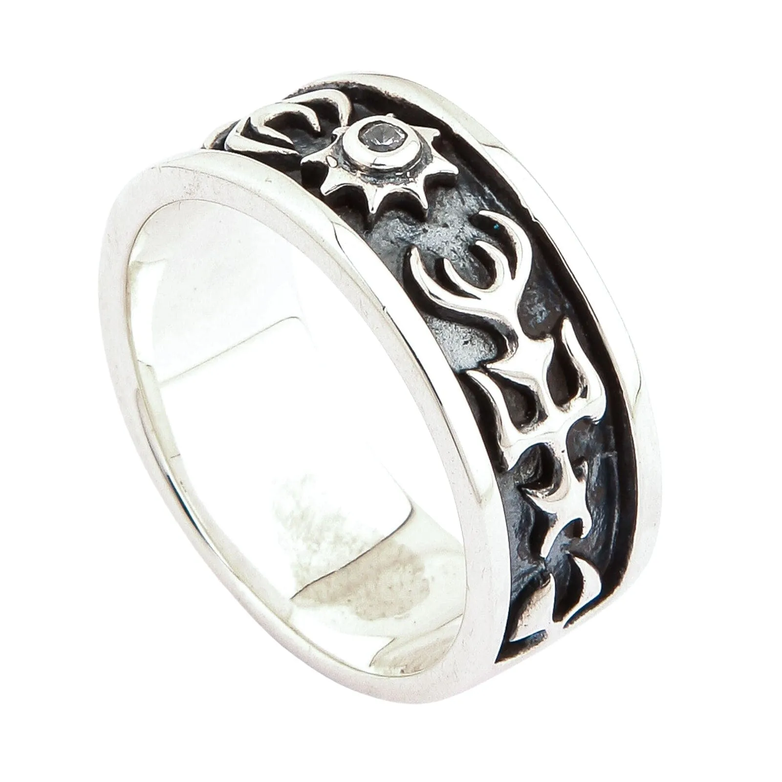 Diamond Tribal Sterling Silver Band Ring