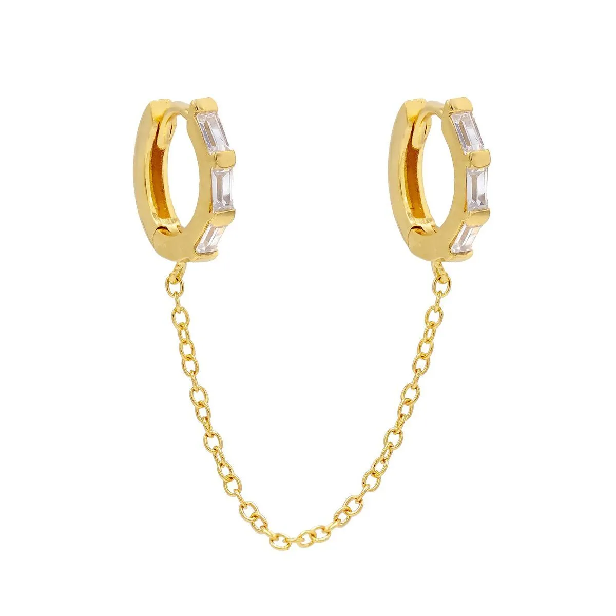 Double Huggie Baguette Chain Earring