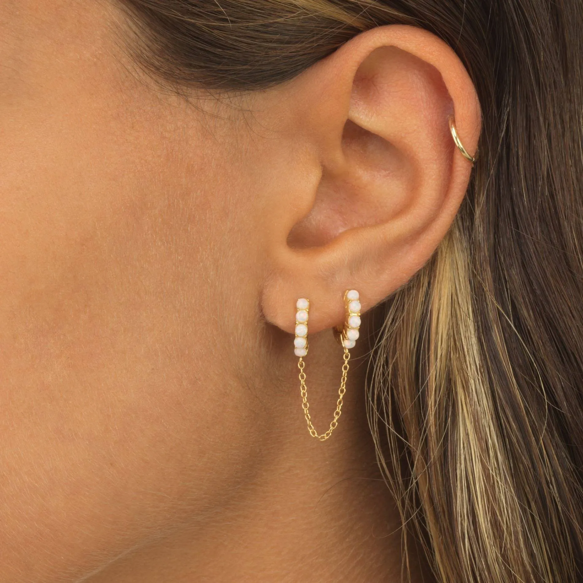Double Huggie Opal Chain Earring