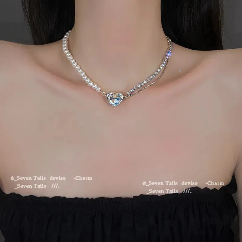 Double-layer Pearl Love Pendant Necklace Women Jewelry Wedding Party