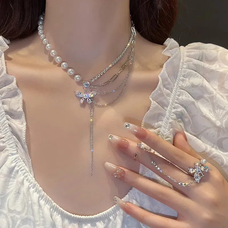 Double-layer Pearl Love Pendant Necklace Women Jewelry Wedding Party