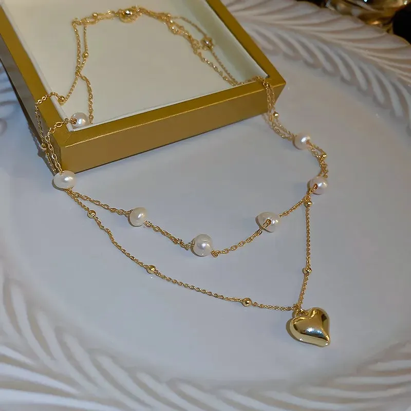 Double-layer Pearl Love Pendant Necklace Women Jewelry Wedding Party