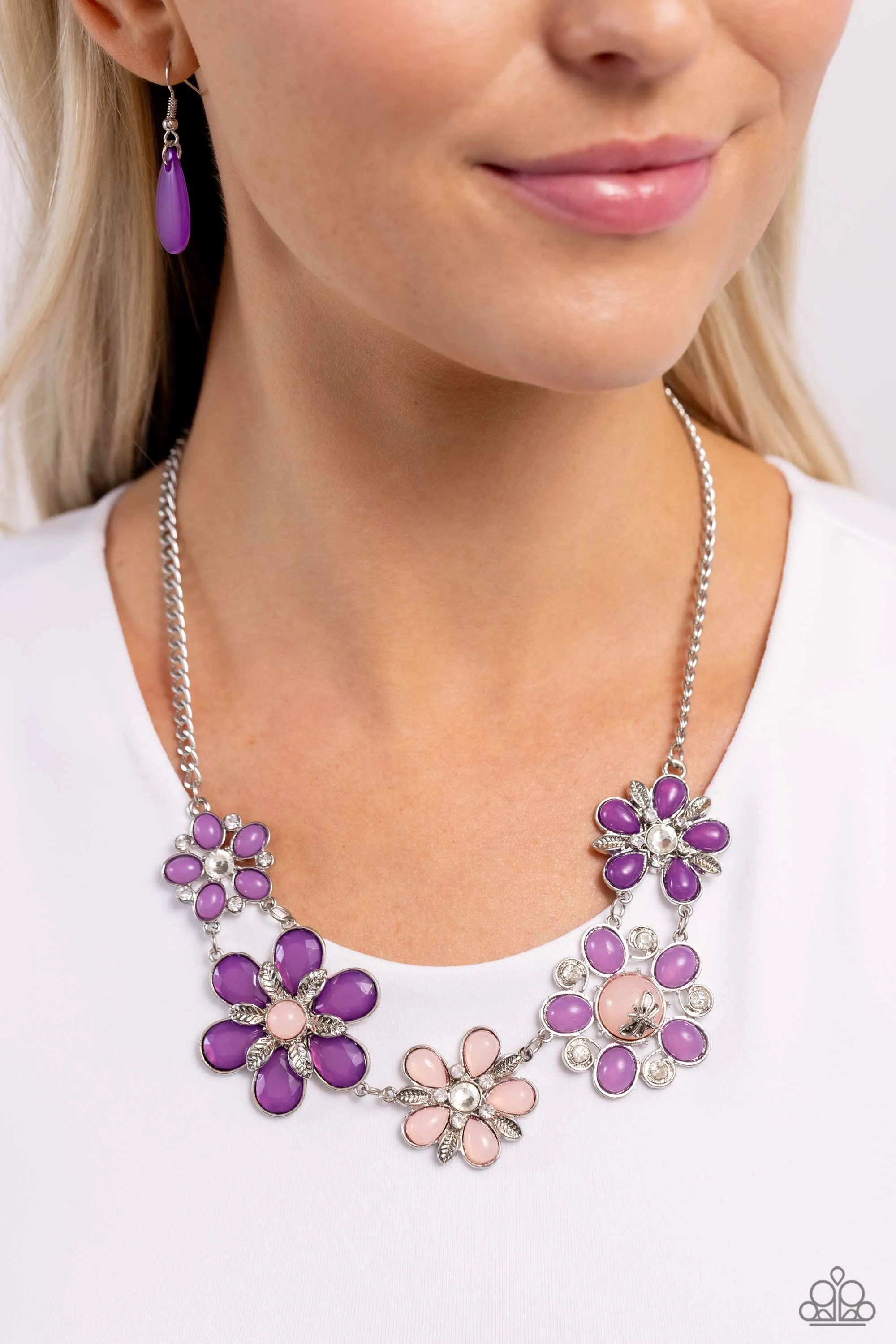 Dragonfly Decadence - Purple - and Pink Beaded Rhinestone Center Flower with Dragonfly Detail Paparazzi Short Necklace