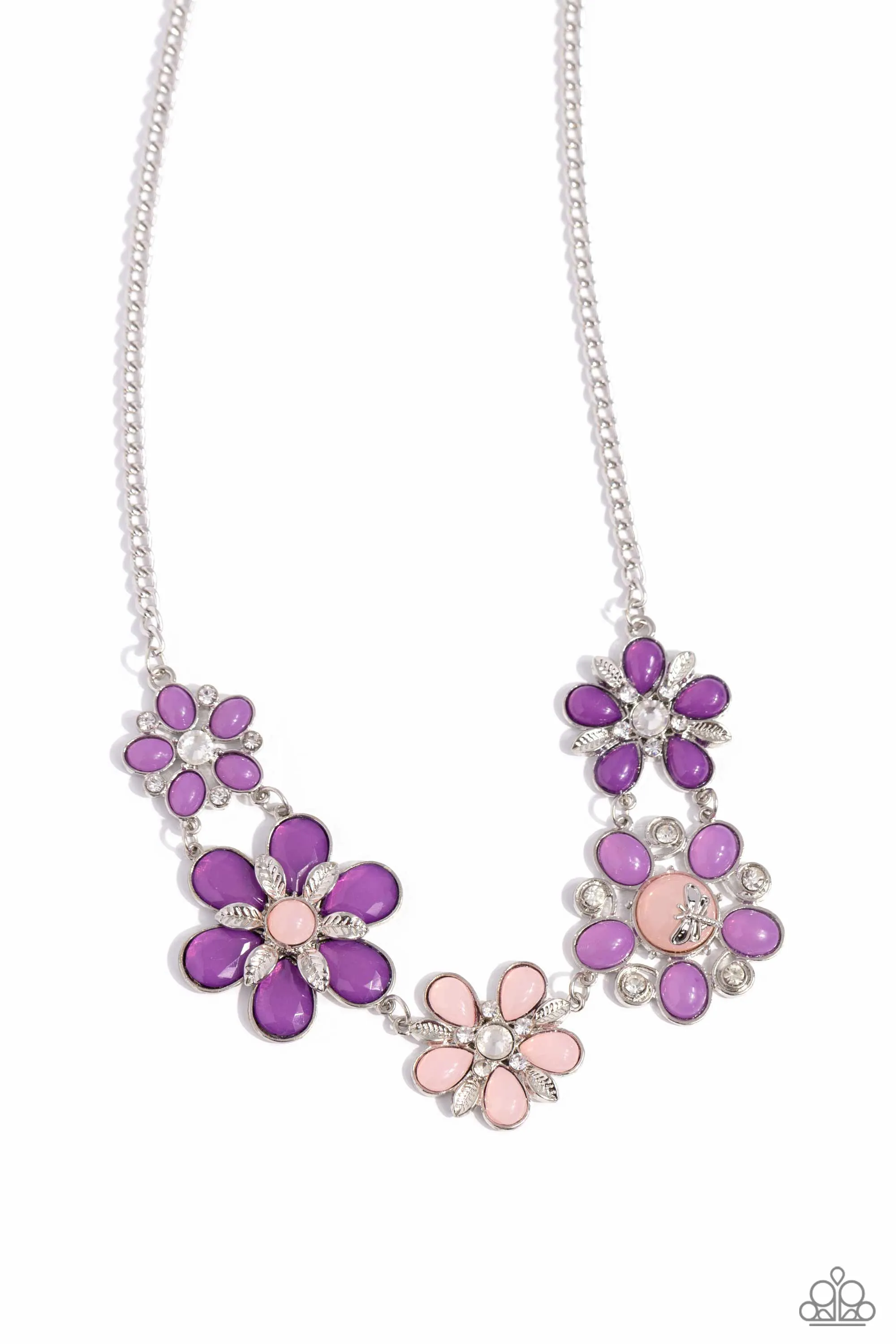 Dragonfly Decadence - Purple - and Pink Beaded Rhinestone Center Flower with Dragonfly Detail Paparazzi Short Necklace