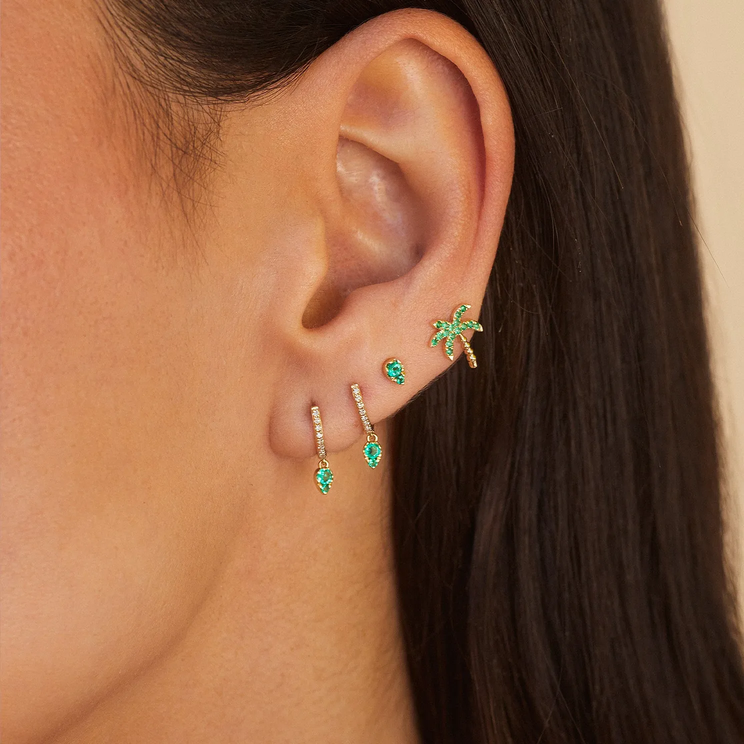 Emerald Teardrop Diamond Mini Huggie Earring