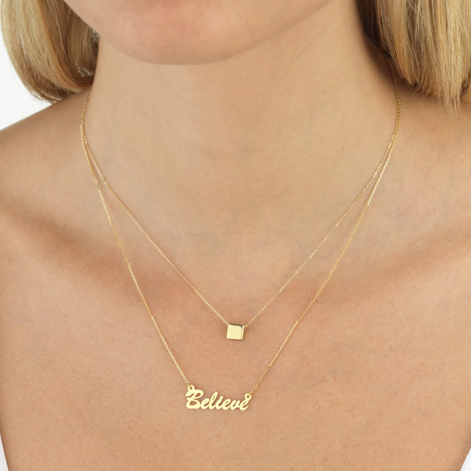 Engraved Square Pendant Necklace 14K