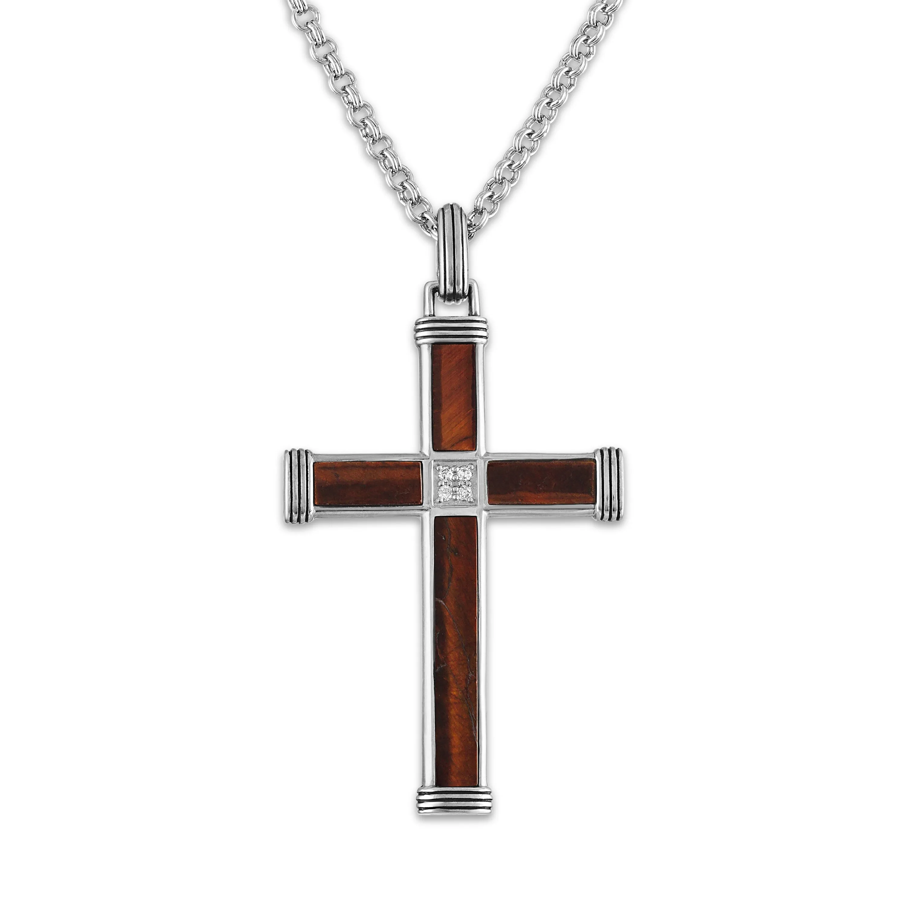 Esquire Red Tiger's Eye & Diamond Accent Cross Pendant Set in Sterling Silver, 22"