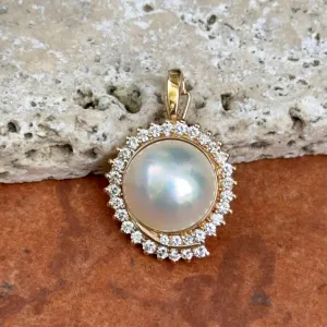 Estate 14KT Yellow Gold Mabe Blister Pearl   Diamond Enhancer Slide Pendant