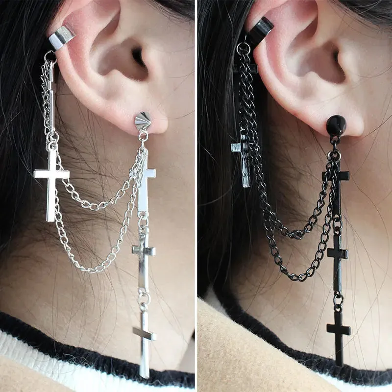 Fashion Cross Tassel Gothic Punk Chains Ear Cuff Earrings