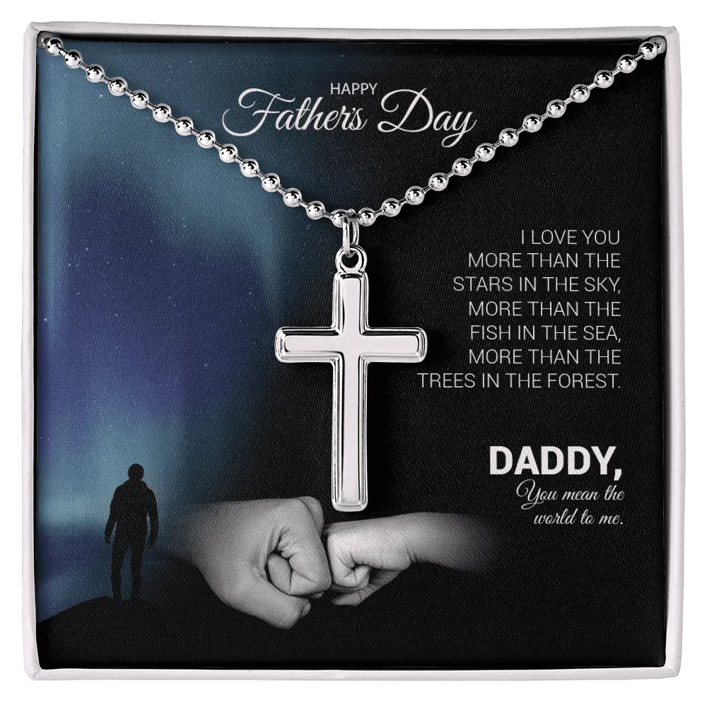 Father's Day - I Love You More Than The Stars In The Sky - Cross Necklace with Ball Chain Message Card Gift For Daddy, Father, Grandfather, Grandpa