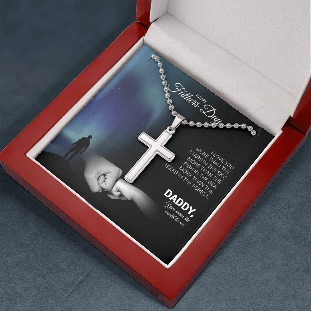 Father's Day - I Love You More Than The Stars In The Sky - Cross Necklace with Ball Chain Message Card Gift For Daddy, Father, Grandfather, Grandpa