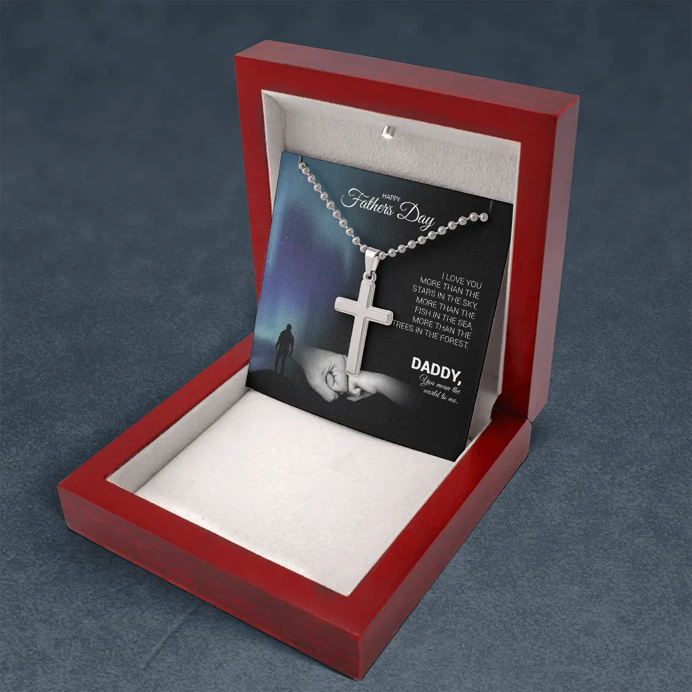 Father's Day - I Love You More Than The Stars In The Sky - Cross Necklace with Ball Chain Message Card Gift For Daddy, Father, Grandfather, Grandpa