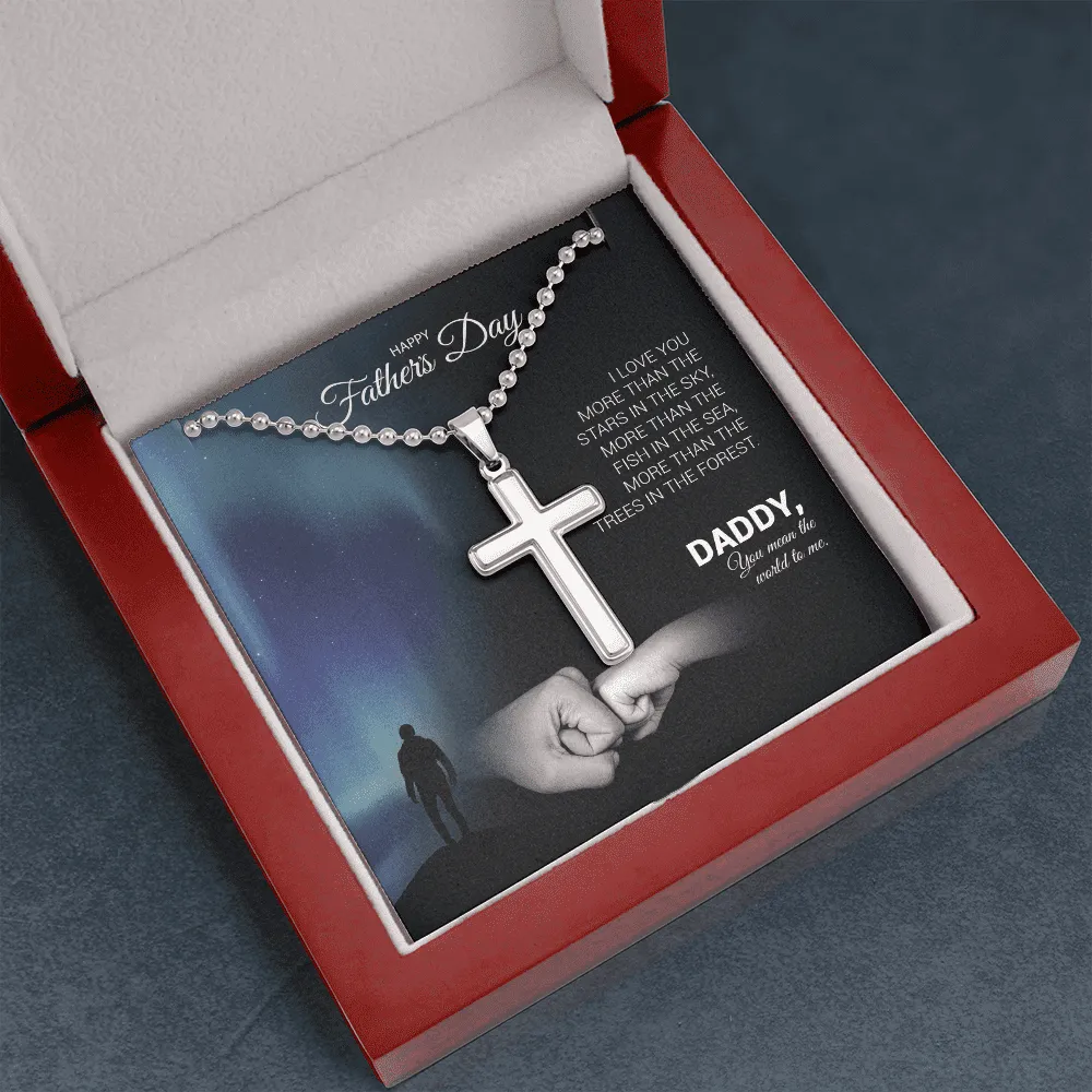 Father's Day - I Love You More Than The Stars In The Sky - Cross Necklace with Ball Chain Message Card Gift For Daddy, Father, Grandfather, Grandpa