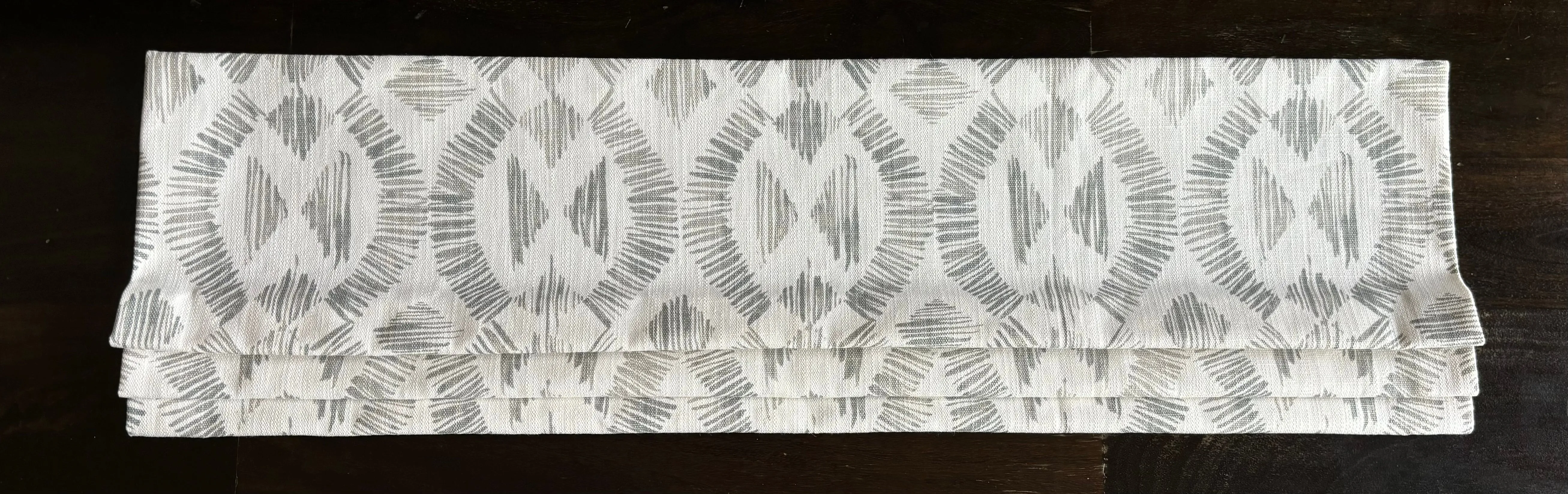 Faux Roman Shade Valance in Geometric Print of Grey and White on Premium Cotton Linen Fabric,  Fully Lined, Custom Made