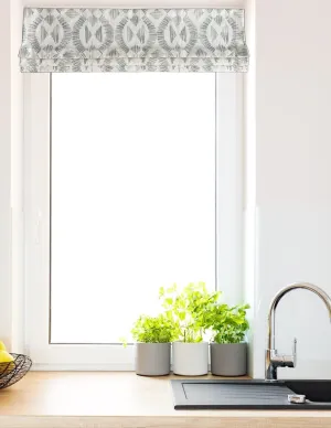 Faux Roman Shade Valance in Geometric Print of Grey and White on Premium Cotton Linen Fabric,  Fully Lined, Custom Made