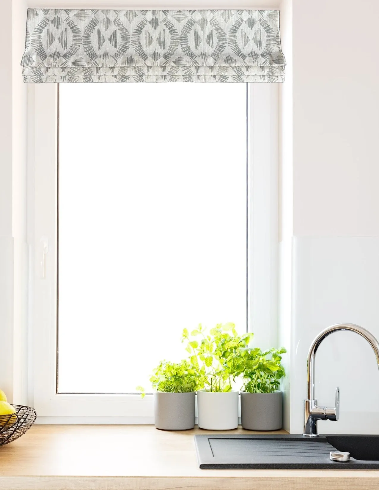Faux Roman Shade Valance in Geometric Print of Grey and White on Premium Cotton Linen Fabric,  Fully Lined, Custom Made